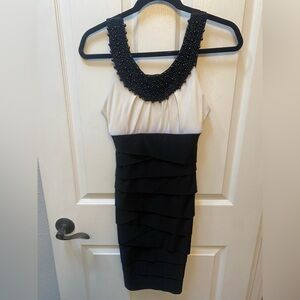 B Darlin Black and Cream Beaded Mini Dress